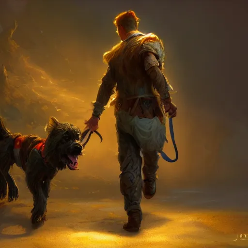 Image similar to a guy walking his dog, fantasy, hd, volumetric lighting, 4 k, intricate detail, by jesper ejsing, irakli nadar