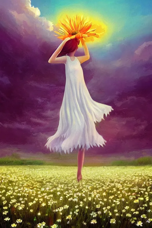 Image similar to giant white daisy flower as head, girl dancing in a flower field, surreal photography, sunrise, dramatic light, impressionist painting, colorful clouds, digital painting, artstation, simon stalenhag