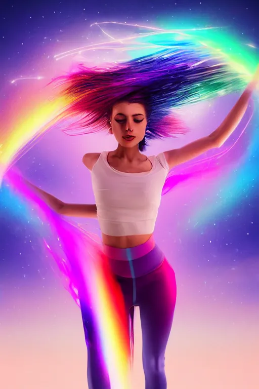 Prompt: a award winning half body portrait of a beautiful woman with stunning eyes in a croptop and leggings with reinbow colored ombre hairstyle head in motion and hair flying while dancing by thomas danthony, surrounded by whirling illuminated lines, outrun, vaporware, shaded flat illustration, digital art, trending on artstation, highly detailed, fine detail, intricate