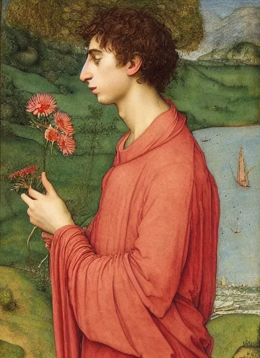 Prompt: (((( a painting of a Timothee Chalamet looking at a flower, a character portrait by Dürer, behance, pre-raphaelitism, da vinci, pre-raphaelite, detailed painting“