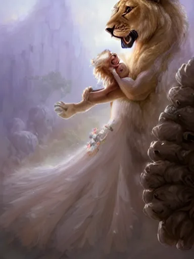 Prompt: a woman hugging a ferocious lion, wearing a cute white dress adorned with flowers. intricate, elegant, highly detailed, digital painting, artstation, concept art, sharp focus, illustration, by justin gerard and artgerm, 8 k