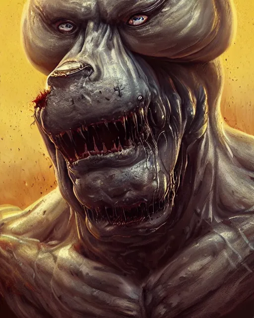 Image similar to Dark fantasy Painting of a hulking muscular EXTRATERRESTRIAL creature with big bulging eyes, white milky eyes, eyeballs, two heads, flabby skin, excess skin hanging from cheeks, straw-like beard growing from face, disgusting, creepy, unsettling, horror, upper body, intricate, wild, highly detailed, digital painting, artstation, concept art, smooth, sharp focus, illustration, art by artgerm and greg rutkowski and alphonse mucha