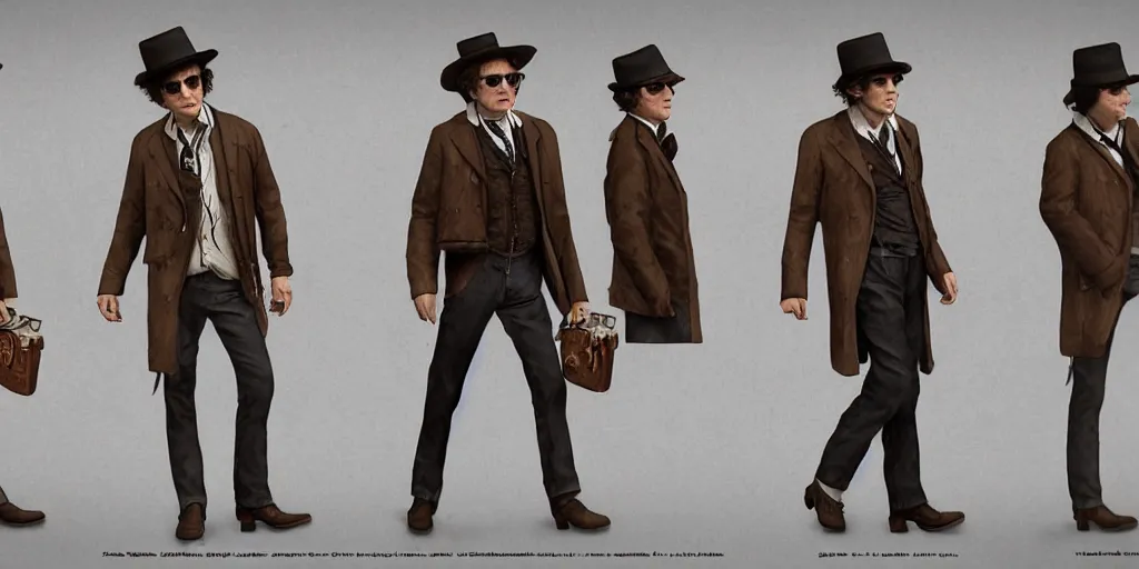 Image similar to bob dylan as a 2 0 s roving gambler, character sheet, concept design, contrast, greg rutkowski, zabrocki, karlkka, jayison devadas, trending on artstation, 8 k, 3 d scene, photo, realistic, octane render, ultra wide angle, pincushion lens effect