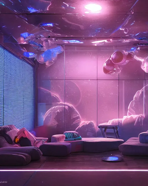 Image similar to artstation scifi scene of a safe room as ikea ad, lounge furniture, sky mural on the room ceiling, holographic glitchart walls, windows, large terrarium, paneled walls, unreal engine 5, hyper realism, realistic shading, cinematic composition, blender render, octane render, hdr, detailed textures, photorealistic, wide shot