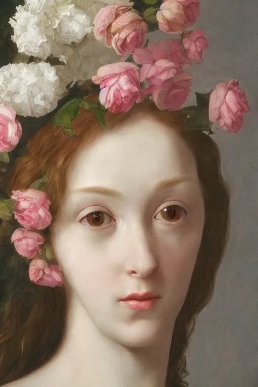 Prompt: hyperrealism extreme close-up portrait of flowers merged with with medieval female, pale skin, wearing dark silk, in style of classicism