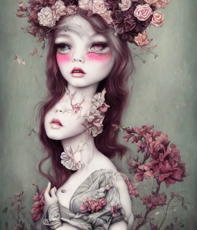 Image similar to pop surrealism, lowbrow art, realistic cute alice girl painting, japanese street fashion, hyper realism, muted colours, rococo, natalie shau, loreta lux, tom bagshaw, mark ryden, trevor brown style