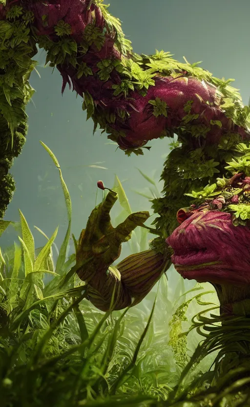 Image similar to a plant creature, foliage, plant filaments, flowers, humanoid shape, full body, photorealistic, 4 k, octane render, cinematic lighting, artistic photography, insanely detailed and intricate