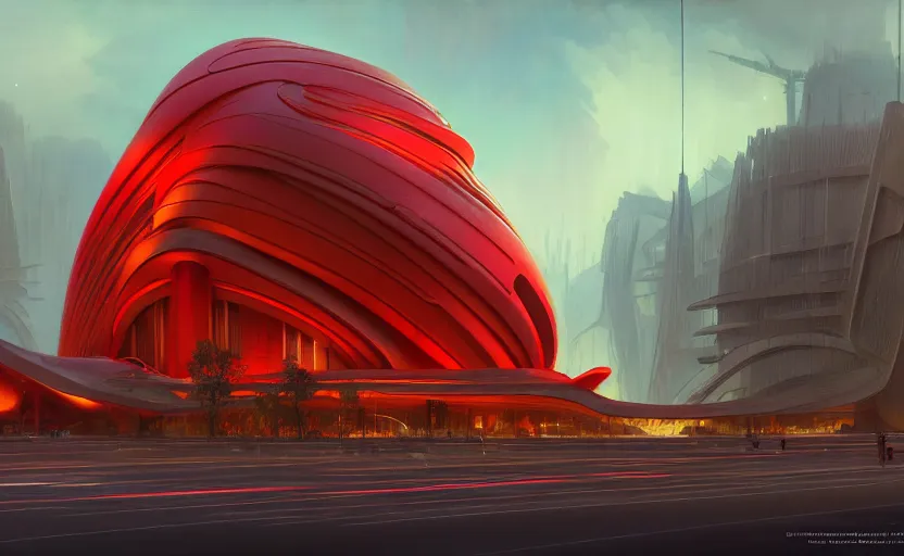 Image similar to exterior shot of utopian architecture red building with cinematic lighting by zaha hadid and renzo piano, darek zabrocki and greg ruthkowski, alphonse mucha, simon stalenhag, cinematic, stars, beautiful, holy place, paradise, scifi, futurism, atmospheric, concept art, artstation, trending on artstation