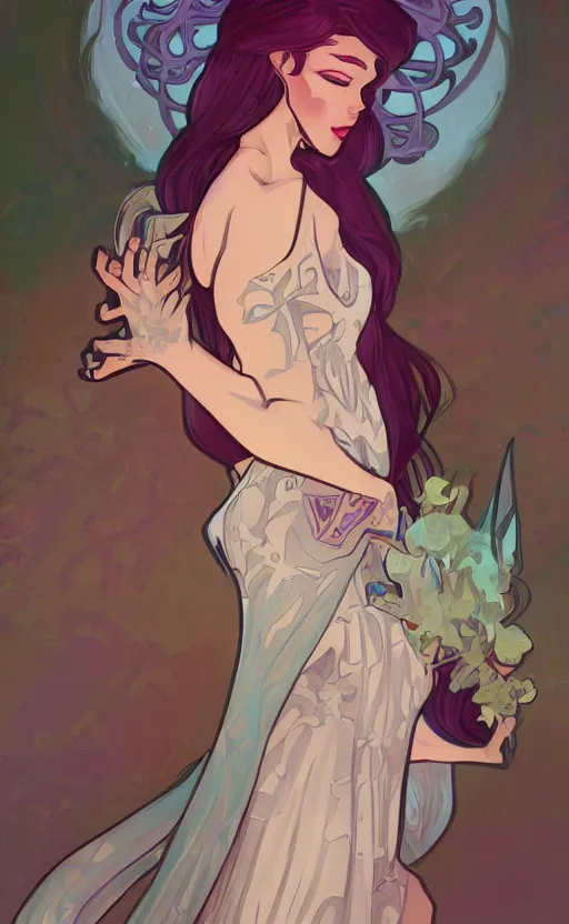 Prompt: Buxom Draenei in a dress, ambient lighting, 4k, alphonse mucha, lois van baarle, ilya kuvshinov, rossdraws, artstation