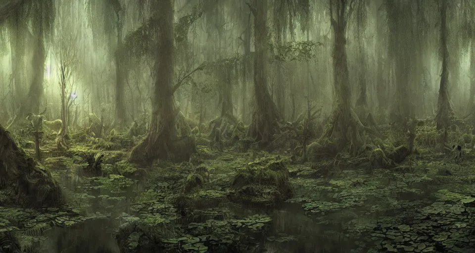 Prompt: A dense and dark enchanted forest with a swamp, by Marc Simonetti