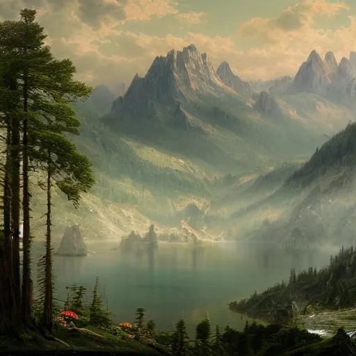 Image similar to a beautiful and highly detailed matte painting of an epic lush mountain range stretching into the distance, fir trees, pine trees, flowers, a lake in the distance, intricate details, epic scale, insanely complex, 8 k, sharp focus, hyperrealism, very realistic, by caspar friedrich, albert bierstadt, greg rutowski, james gurney, zeen chin,