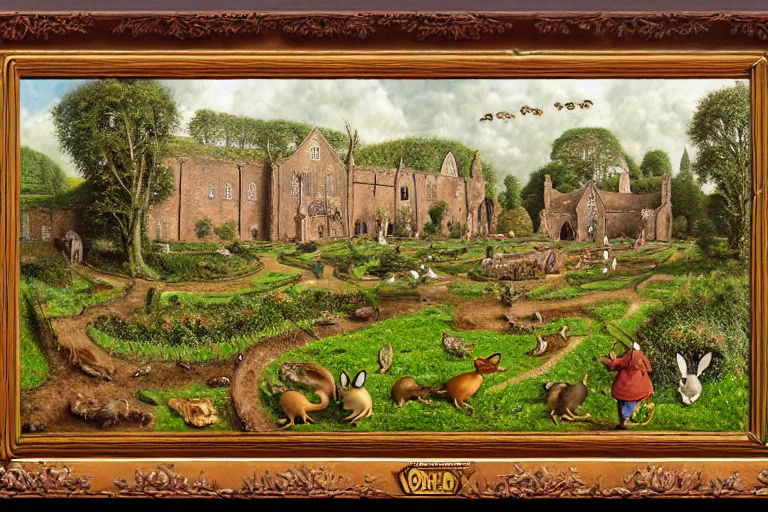 Image similar to an elaborate and dense painting of redwall abbey in mossflower wood with lots of mice and rabbits and otters walking around, detailed by brian jacques