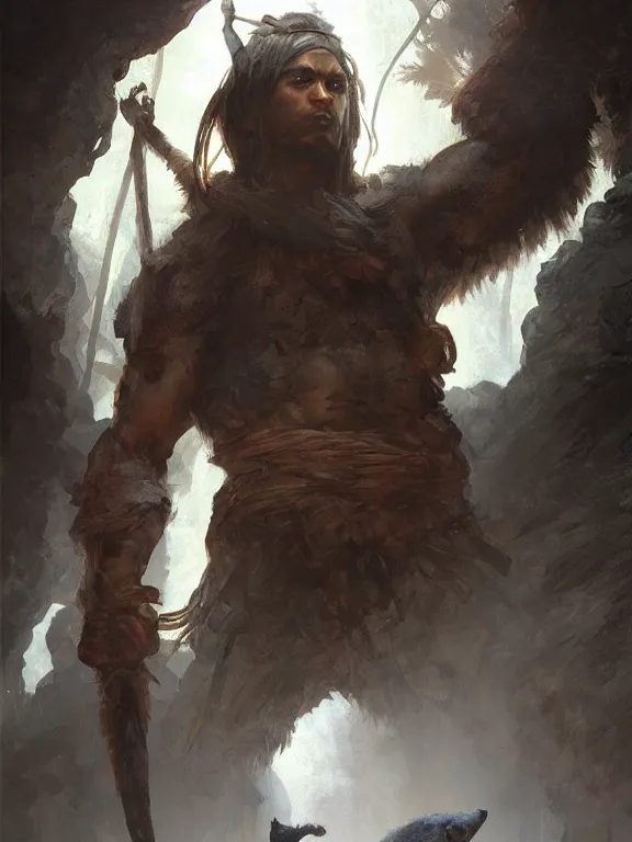 Prompt: male warrior is blessed by the black bear god, inside a cave, highly detailed, detailed face, smooth, sharp focus, chiaroscuro, digital painting, artgerm, greg rutkowski, alphonse mucha, octane