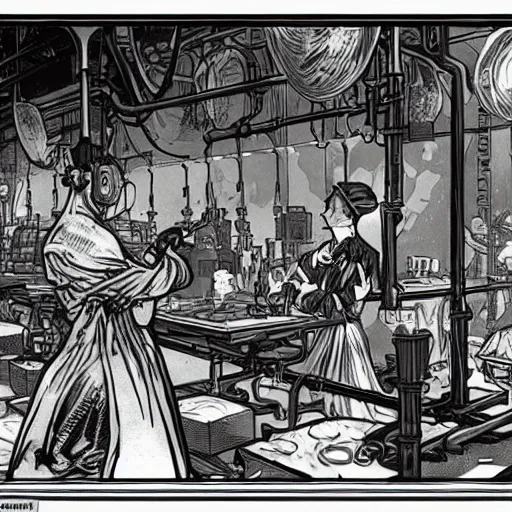 Prompt: gelatinous cubes being processed into magic items with the juice made from their bodies, d & d, industrial assembly line in a fantasy steampunk factory, alphonse mucha