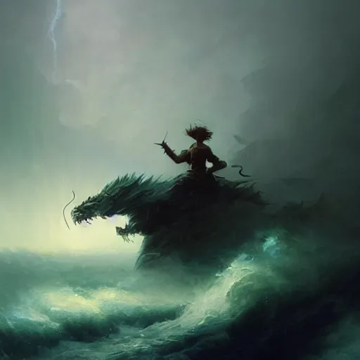 Image similar to ''cinematic shot'' devil fighting god clouds rainny foggy magical particles floating realistic atmosferic made by ivan aivazovsky, peter mohrbacher, greg rutkowski volumetric light effect broad light oil painting painting fantasy art style sci - fi art style realism premium prints available artwork unreal engine