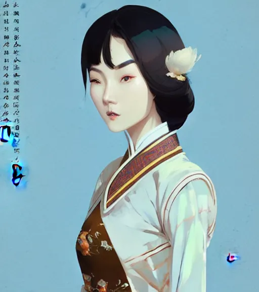 Prompt: portrait of a chinese female immortal in amazing chinese dress 汉 服 by atey ghailan, by greg rutkowski, by greg tocchini, by james gilleard, by joe fenton, by kaethe butcher, dynamic lighting, gradient light blue, brown, blonde cream and white color scheme, grunge aesthetic