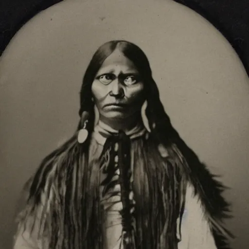 Image similar to victorian photo portrait of a scary horror monster and a native american warrior girl, 1825