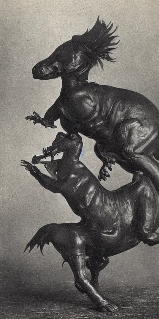 Prompt: t rex and a horse wearing high heels. anamorphic, strange, black and white photograph, 1 8 5 0 s