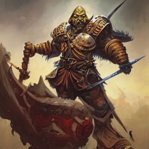 Image similar to dnd orc with conquistador helmet, by Jesper Ejsing + Justin Gerard