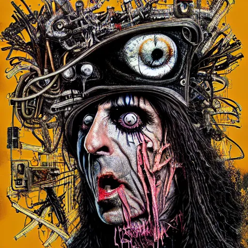 Prompt: graphic illustration, creative design, alice cooper, biopunk, francis bacon, highly detailed, hunter s thompson, concept art, mixed media