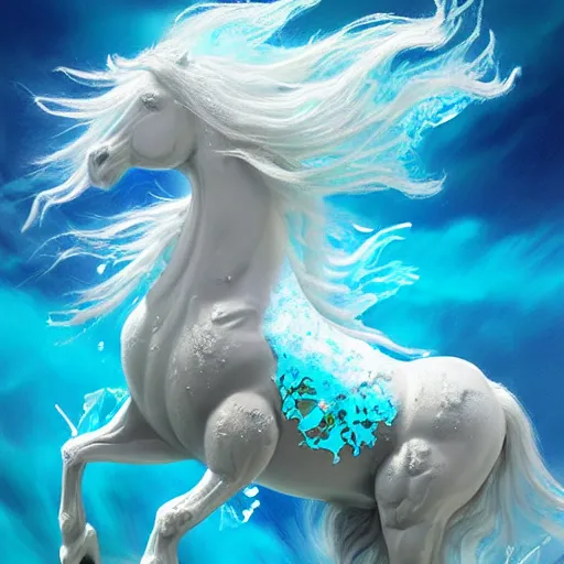 Image similar to a fantastical transparent small turquoise spirit horse made of water and foam and algae and ice, splashing water, wave, translucent, ethereal, noble, radiant, hyperalism, scottish folklore, digital painting, artstation, concept art, smooth, 8 k frostbite 3 engine, ultra detailed, art by artgerm and greg rutkowski and magali villeneuve