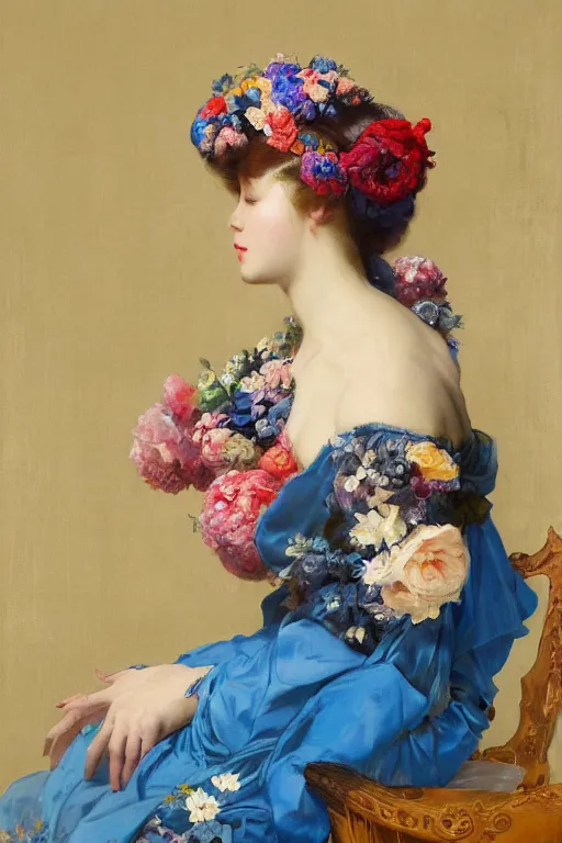 Image similar to a painting of a woman in a blue silk dress with a floral pattern, a colorful flowery character portrait by ruan jia, vivid color hues, intricate sharp detail, cgsociety, rococo, ilya kuvshinov, made of flowers, pre - raphaelite