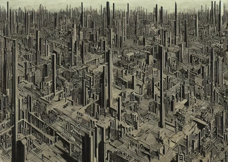 Prompt: dystopian metropolis, panoramic view, very complex architecture, ominous, dark, by de chirico, by hugo simberg, by roberto matta