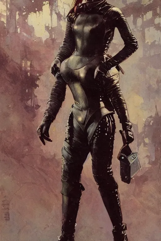 Prompt: pulp scifi fantasy illustration full body portrait of elegant woman wearing leather and metal spacesuit, by norman rockwell, jack kirby, bergey, craig mullins, ruan jia, jeremy mann, tom lovell, 5 0 s, astounding stories, fantasy