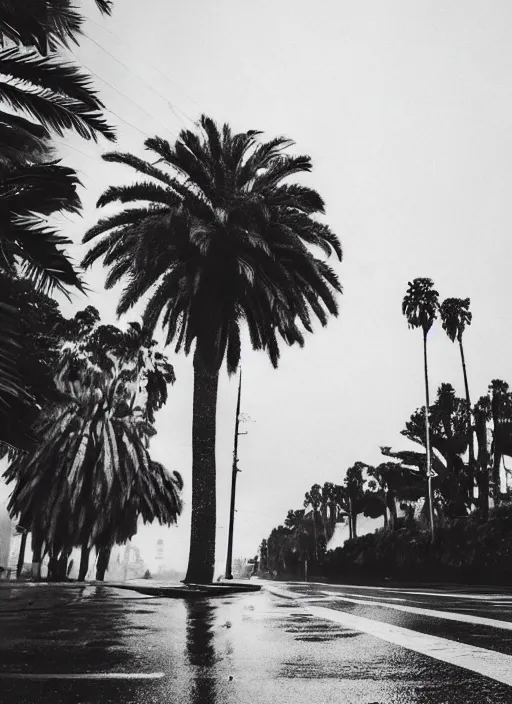 Image similar to a palm tree sitting on top of a wet sidewalk, a photo by rodolfo escalera, unsplash, hypermodernism, ominous vibe, ominous, apocalypse landscape