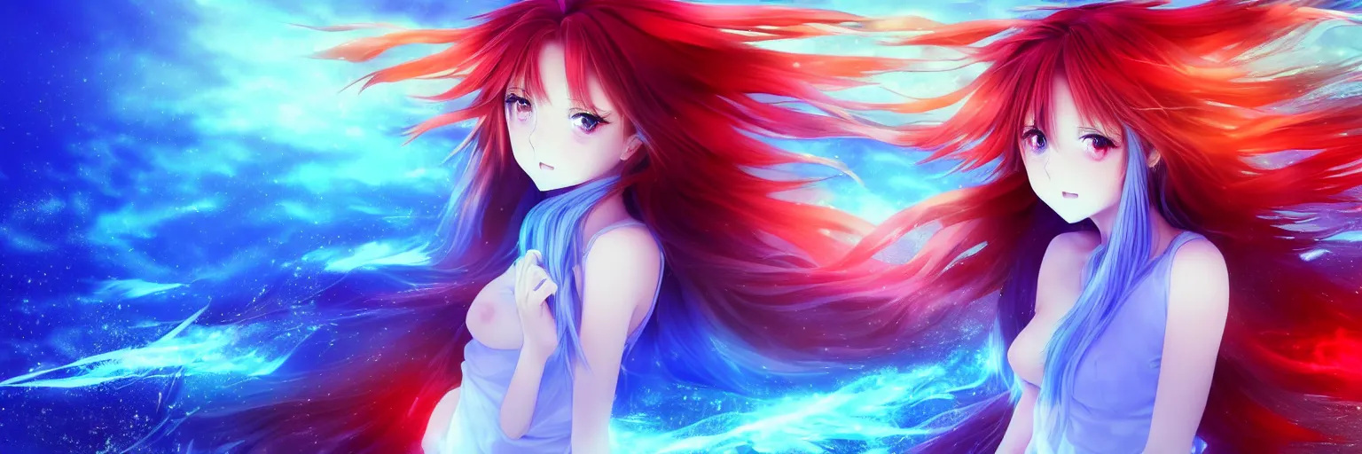 Image similar to advanced digital anime art, a very cute gorgeous teenage girl with a body made of fire and ice , full body, very long snow colored hair, sky blue highlights in hair, red fiery watery eyes, wearing a dress made of water, full round face, dramatic cinematic lighting, wideshot, highly intricately detailed, glitched background, broken screen, trending on pixiv, Artstation, painted by Rossdraws and the style of Sakimimichan