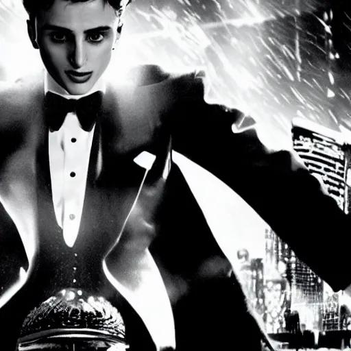 Image similar to B&W still from Sin City 4 (2027) starting an aged Timothy Chalamet