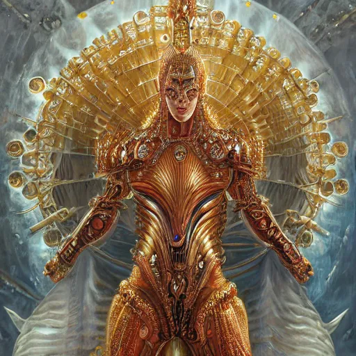 Prompt: a beautiful symmetrical muscular body wearing an armor made of golden ornaments and gems by alex gray and android jones , Karol Bak, Ayami Kojima, Amano , 3D, 8k resolution