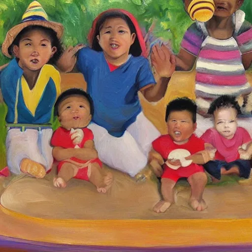 Image similar to an ethnically diverse group of toddlers. white. asian. hispanic. african. playing on a playground. oil on canvas exquisite. smooth. sharp focus. award winning. 8 k