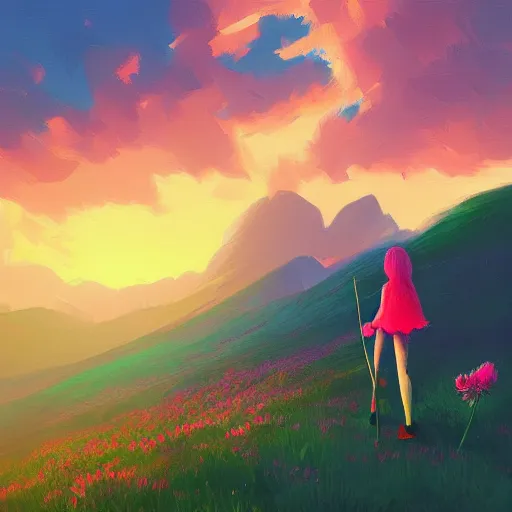 Image similar to giant carnation flower head, girl hiking in the mountains, surreal photography, sunrise, dramatic light, impressionist painting, colorful clouds, digital painting, artstation, simon stalenhag