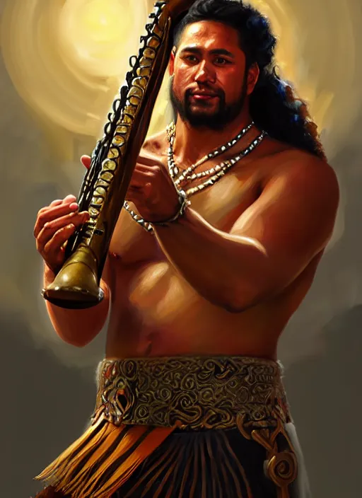 Image similar to a _ fantasy _ style _ portrait _ painting _ of samoan male charismatic bard playing instrument, rpg dnd oil _ painting _ unreal _ 5 _ daz. _ rpg _ portrait _ extremely _ detailed _ artgerm _ greg _ rutkowski _ greg