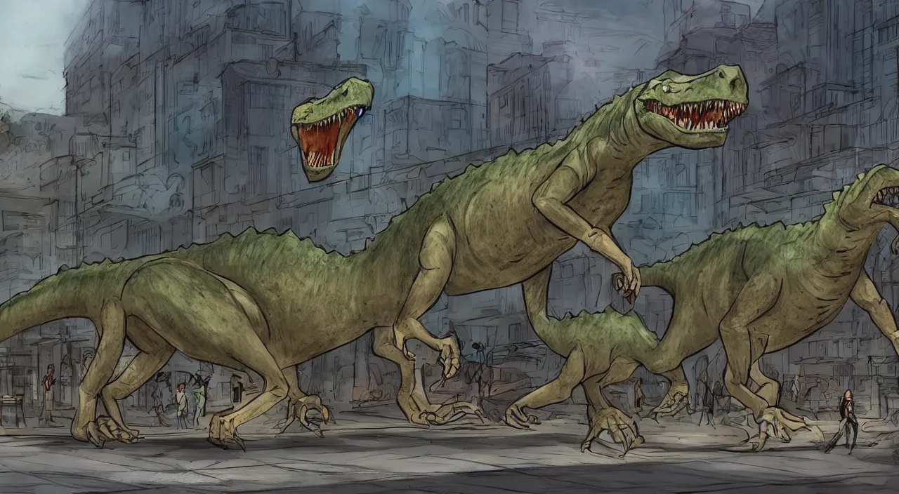 Image similar to weredinosaur changes form on busy sidewalk , concept art, cinematic