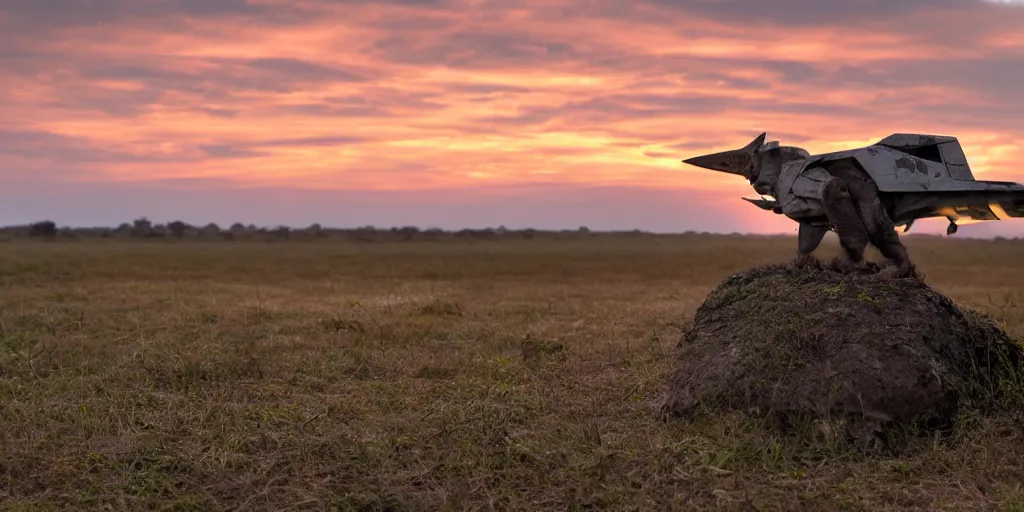 Image similar to halo warthog sitting on the landscape, sunrise