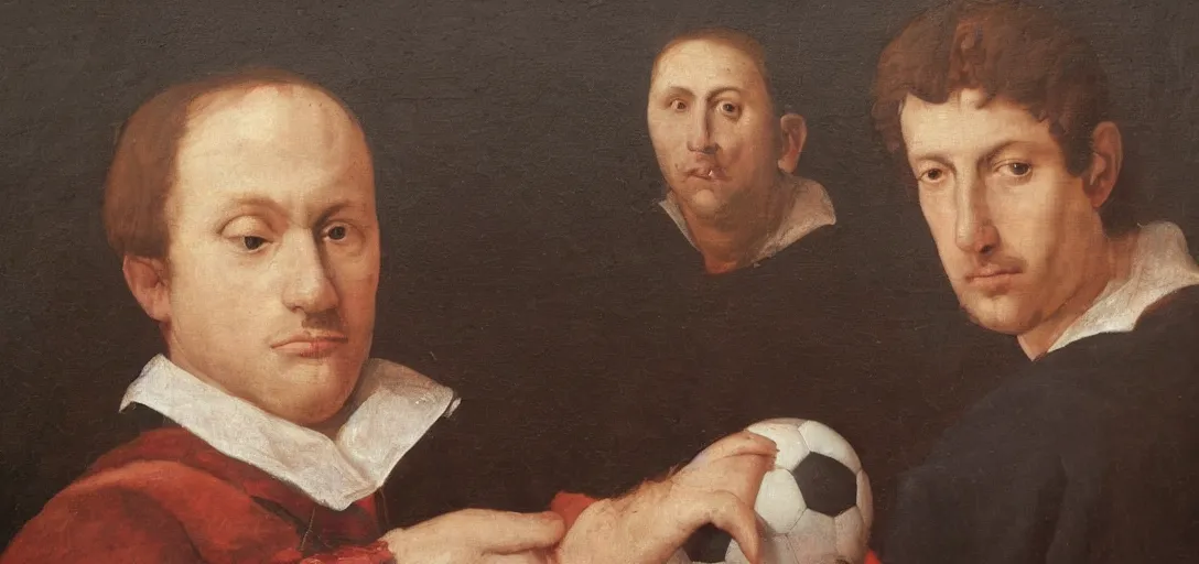Prompt: Renaissance oil portrait of a man studying a soccer ball, a tactics board is in the background, high-quality realistic oil painting with detailed strokes, robed Renaissance scholar,