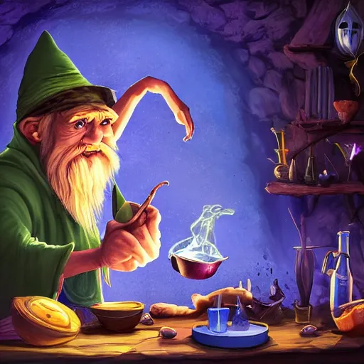 Image similar to wizard making a potion, digital art, 4 k, fantasy,
