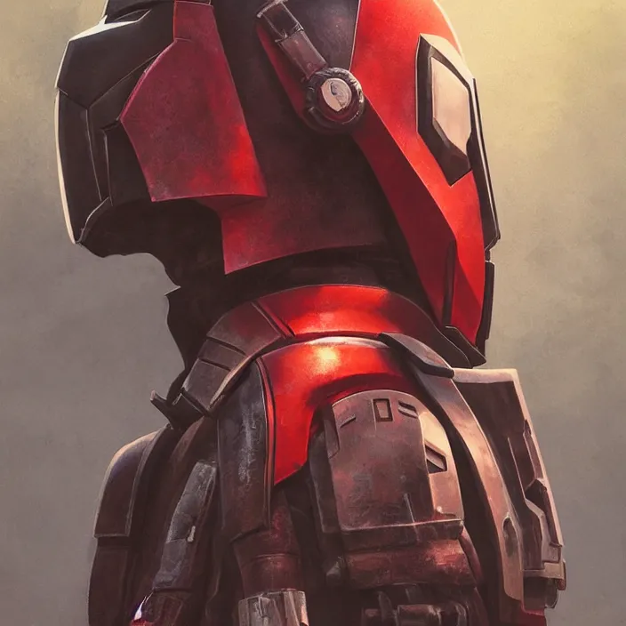 Prompt: deadpool version of a mandalorian helmet, futuristic, late afternoon light, by greg rutkowski and ruan jia