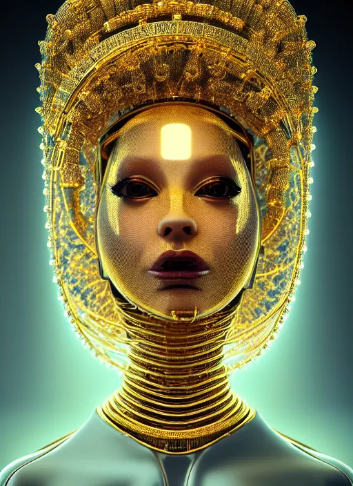 Image similar to portrait of an absurdly beautiful, graceful, sophisticated, fashionable futuristic female golden robot with human eyes and two heads, glowing internal warm light, hyperdetailed illustration by irakli nadar and alexandre ferra, intricate linework, faberge, intricate gold headdress, dark atmosphere, unreal engine 5 highly rendered, global illumination, radiant light, detailed and intricate environment