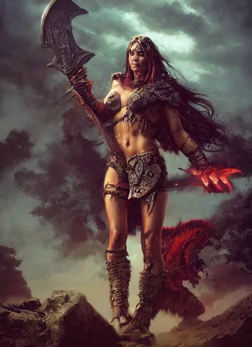 Prompt: hyper realistic photography of prehistoric barbarian paladin girl, full body, rule of thirds, conceptart, saturated colors, cinematic, vallejo, frazetta, greg rutkowski, royo, rowena morrill, juan gimenez