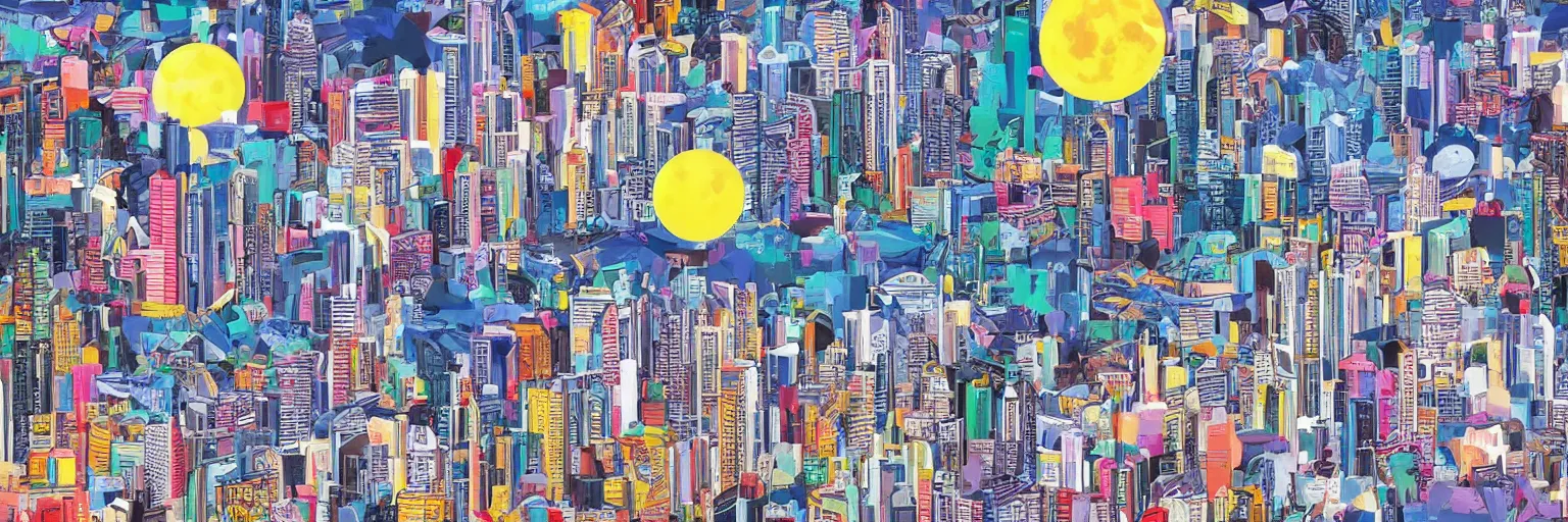 Image similar to wild cityscape, made in tokyo artstyle, colorful, there is a moon in the sky, it is daytime