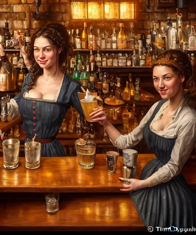 Prompt: hyperrealistic mixed media painting of a beautiful smiling charismatic barmaid, dimly lit cozy tavern, relaxed pose, serving customers at bar, medieval period, stunning 3d render inspired art by Tim Okamura + perfect facial symmetry + dim volumetric lighting, 8k octane beautifully detailed render, post-processing, extremely hyperdetailed, intricate, epic composition, grim yet sparkling atmosphere, cinematic lighting + masterpiece, trending on artstation, very very detailed, masterpiece, stunning