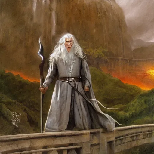 Image similar to beautiful gandalf with a sword in his hand on a bridge fighting the balrog, by alan lee, lord of the rings, smooth, detailed terrain, oil painting, matte painting, concept art, trending on artstation