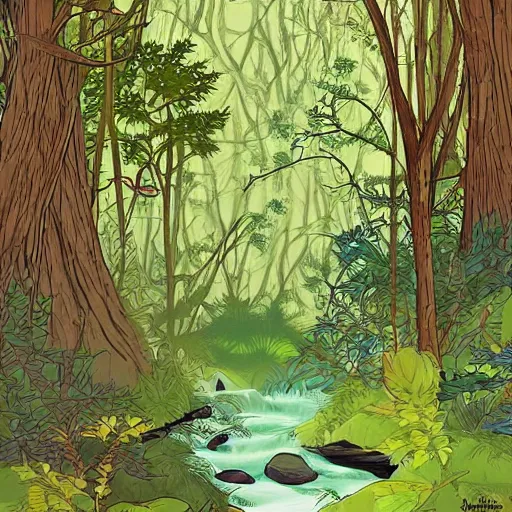 Image similar to A beautiful experimental art of a serene and picturesque forest scene. The leaves are all different shades of green, and the sunlight is shining through the trees. There is a small stream running through the forest, and the whole scene is surrounded by mountains. amaranth, Carboniferous by Rumiko Takahashi, by Jamie McKelvie offhand