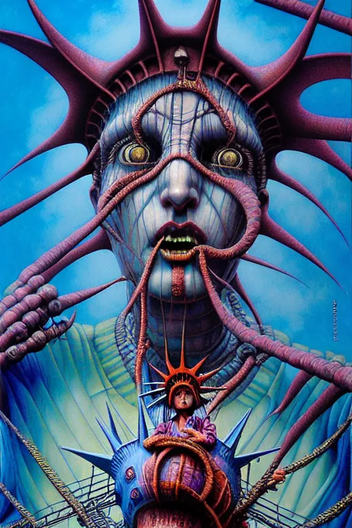 Prompt: realistic detailed image of scary statue of liberty, depth perception, depth of field, action horror by lisa frank, ayami, kojima, amano, karol bak, greg hildebrandt, and mark brooks, neo - gothic, gothic, rich deep colors. beksinski painting, part by adrian ghenie and gerhard richter. art by takato yamamoto. masterpiece