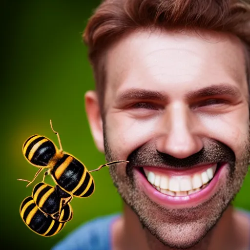 Image similar to photograph of smiling man with bees inside his mouth, 8k resolution, high detail, ULTRA REALISTIC VFX, reflections