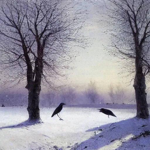 Prompt: early spring, thawed snow, trees, rooks sitting on trees, by alexey savrasov
