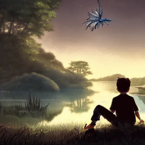 Image similar to a silver dragon and a boy sitting together next to a lake watching firefly at night in forest, concept art, dof, cryengine, digital art, detailed background, makoto shinkai